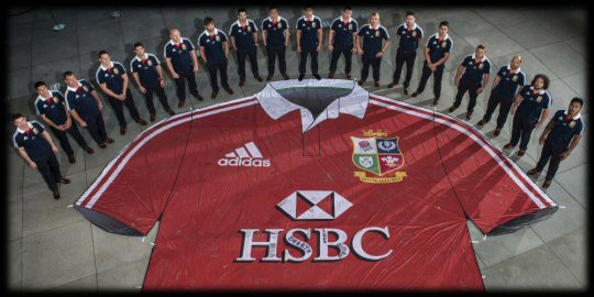 Members of the 2013 squad with the giant Lions shirt in HK